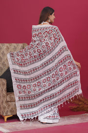 Cotton Linen Saree with Hand Block Print - Shivanya Handicrafts Women's Traditional Indian Wear